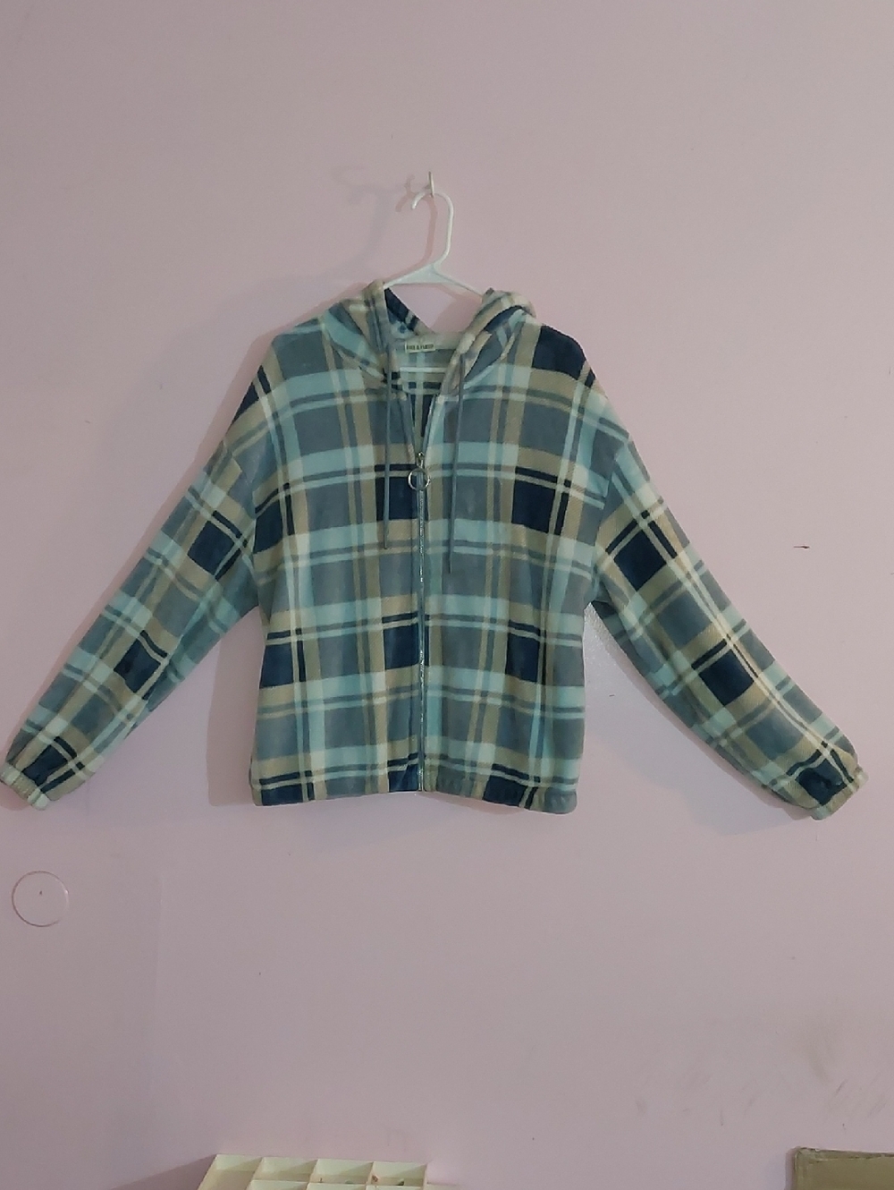 Plaid Hooded Zip Jacket in Light Blue ,Tan and Navy